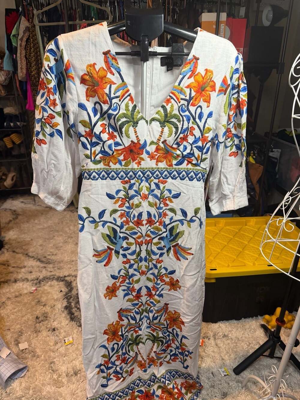 MSK White Embroidered Floral Palm Tree Midi Dress Size S